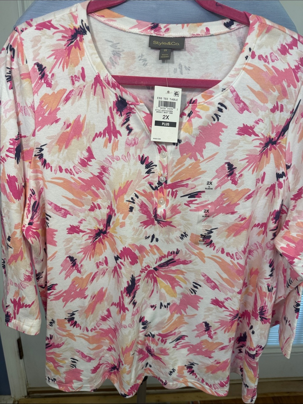 Style & Co. Plus Size Pink Floral Henley Tee with Navy Accents